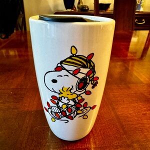Peanuts Snoopy & Woodstock Christmas Lights Travel Mug Stoneware With Lid